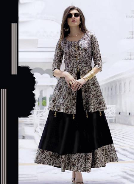 Black And Off White Colour Arya Kpc Designer Gown Fancy Festive Party Wear Poli Rayon Digital Printed Stylish Gown Collection Arya Kpc 006